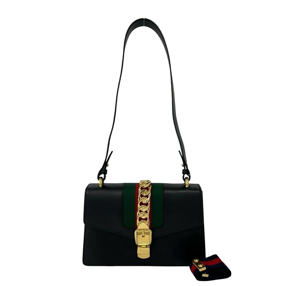 GUCCI Sylvie Sherry Line Logo Hardware Leather Shoulder Bag Crossbody Navy Bl...